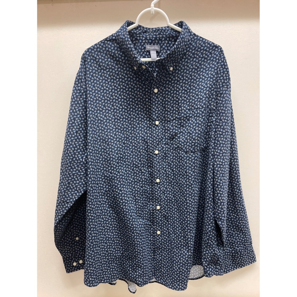 Van Heusen Mens XXL Navy Blue Leaf Print Corduroy Long Sleeve Button Down Shirt